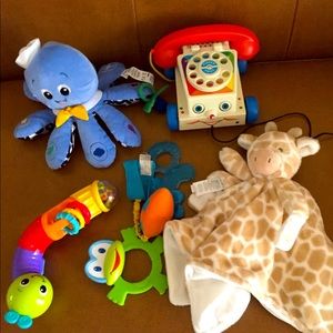 Various baby toys. Some are musical.